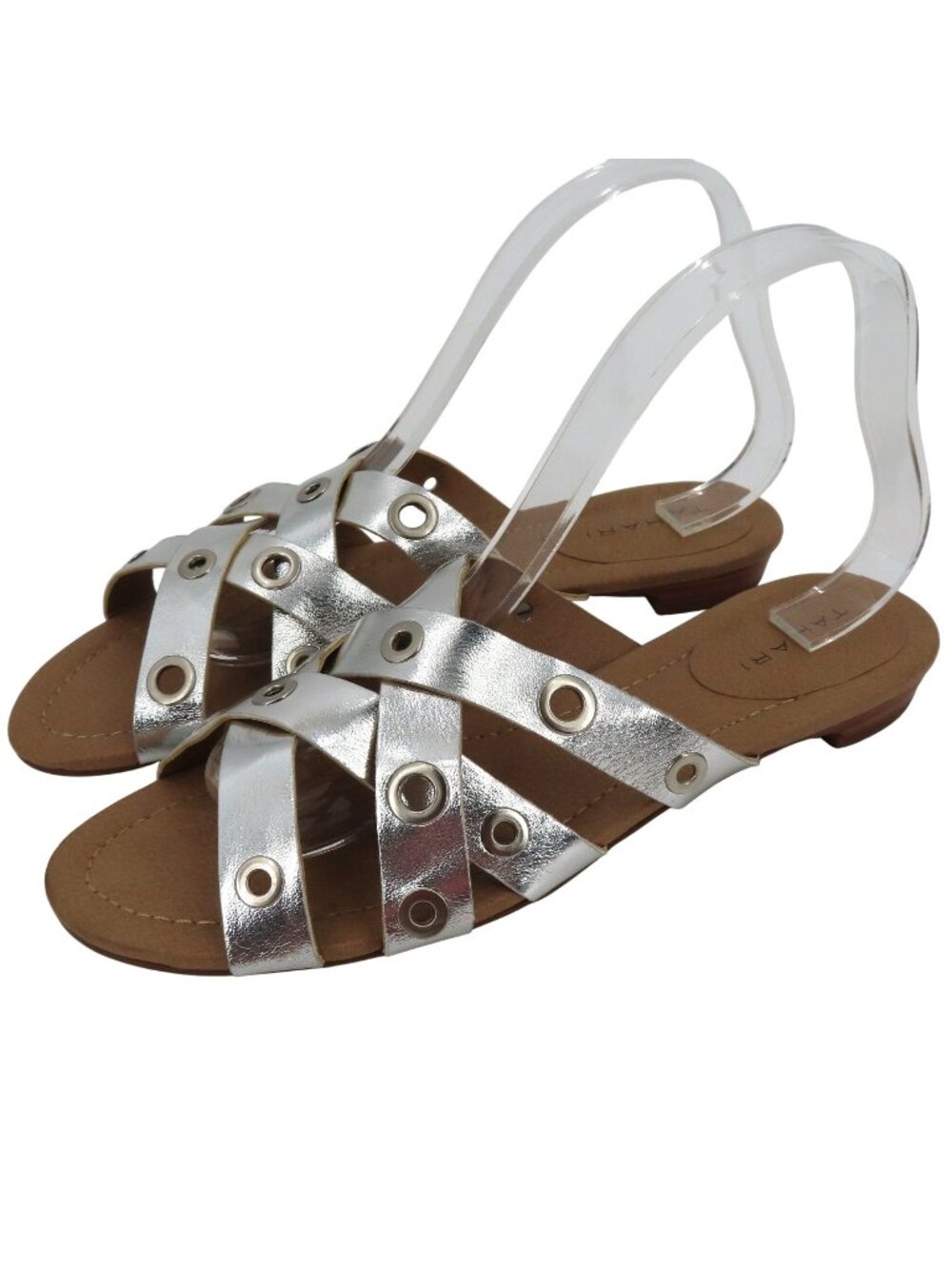 Tahari Drive Womens 10 Faux Leather Metallic Silver Grommet Strappy Sandal Flats
